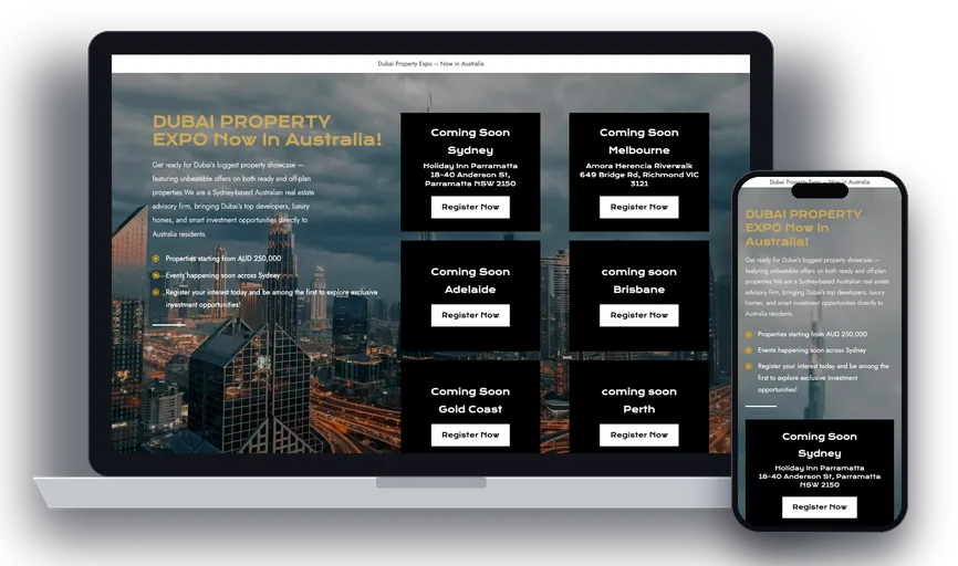 Dubai Property Expo website on a laptop and a phone