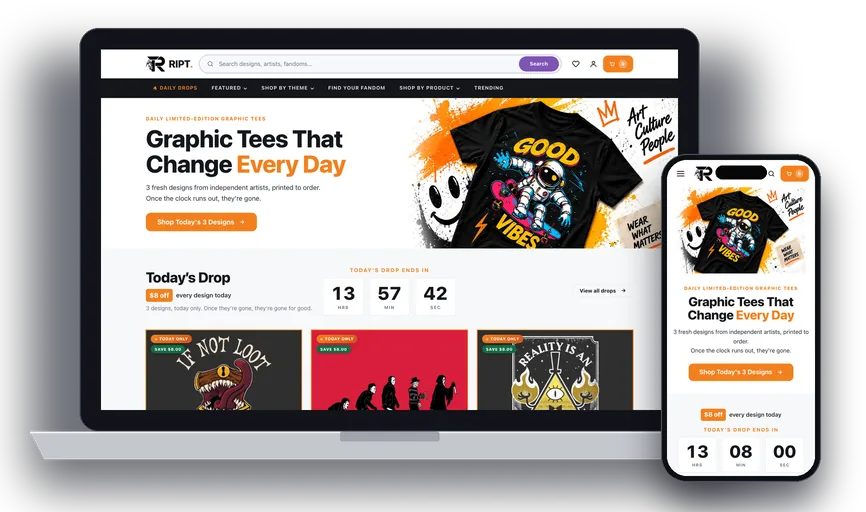 RIPT Apparel website on a laptop and a phone